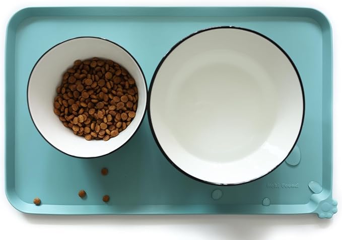 Hoki Found Silicone Non Slip Pet Food Mats - Dog Cat Bowl Placemats - Waterproof for Carpet - Light Turquoise