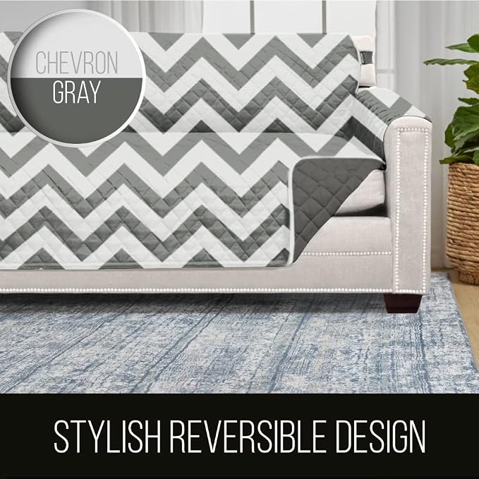 Sofa Shield® Couch Slip Covers for Dogs, Reversible Furniture Protector with Strap, Stain and Tear Resistant Cushion Cover, 88 inch Seat, Machine Washable Slipcover Pets, Cats, Chevron Gray