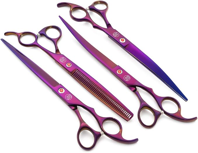 Moontay Professional 8" Dog Grooming Scissors Set 4PCS, Purple | Straight, Upward Curved, Downward Curved, Thinning/Blending Shears for Dog, Cat and Pets, JP Stainless Steel