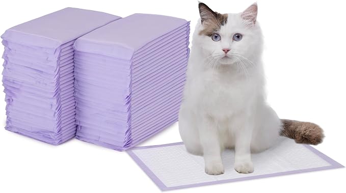 Amazon Basics Cat Pee Pads, Odor Control, Super Absorbent, Disposable, Universal Fit for Litter Box, Unscented, Multi Cat, White/Purple, 60 Count