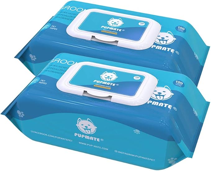 Natural Pet Grooming Wipes, 100 Fresh Counts, Extra Moist & Thick for Dogs & Cats, Puppies & Kittens Set of 2