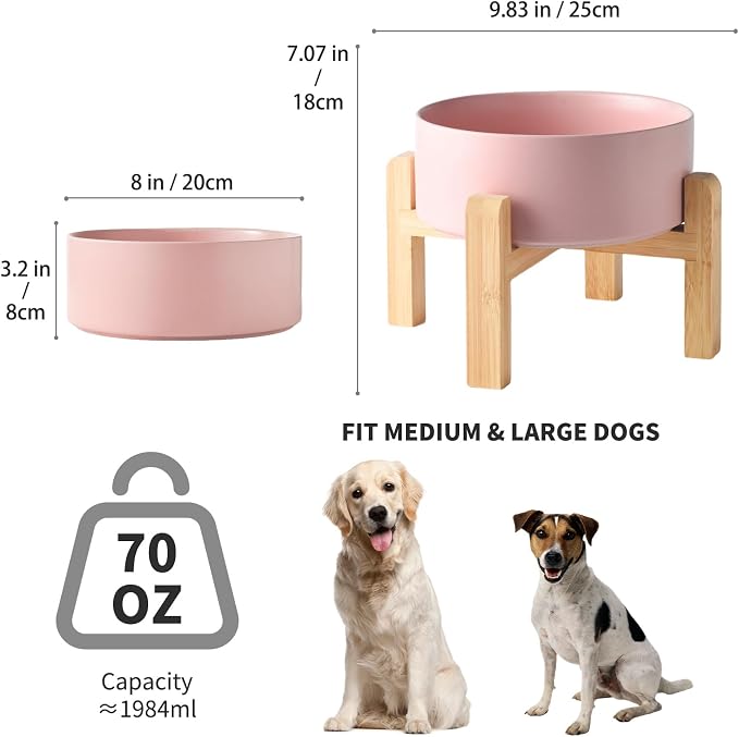 8'' Ceramic Raised Dog Bowl - 70Oz Dog Food & Water Bowl with Elevated Non-Slip Bamboo Stand, Dishwasher & Microwave Safe, Anti Vomiting Heavy Duty Pet Bowl for Medium and Large Dogs, Pink