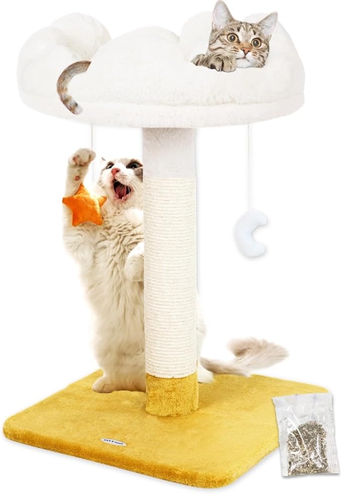 Happi N Pets Tall Cat Scratching Post with Large Bed, Thick Posts with Toys | 28" Tall For Large Cats, Easy To Clean, Cloud-Shaped Soft Perch, Removeable Cover, Stable Cat Stand, Bonus Catnip
