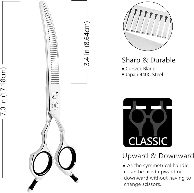 HASHIMOTO Curved Fluffer Scissors for Dog Grooming, 42 Teeth, 7.0 inch. | 50% Thinning Rate, Remove Bulk Quickly While Leaving a Natural Finish, Lightweight, 440C Stainless Steel