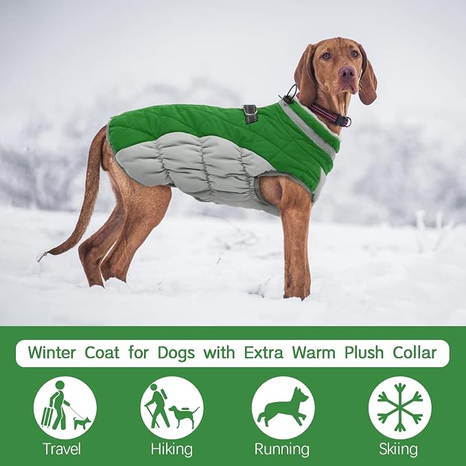 FUAMEY Dog Jacket for Large Dogs Warm Dog Jackets with Harness Built in | Dog Winter Jacket Cold Weather Snow Puppy Vest Water-Resistant Zip up Dog Fleece Jackets High Visibility Green XL