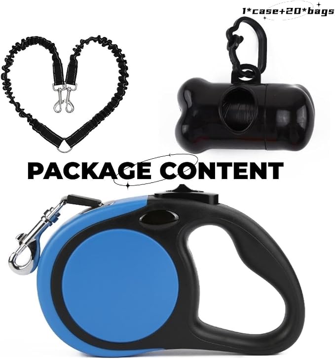 Dual Retractable Dog Leash for 2 Large Dogs (Up to 110 Lbs Each), 18.5 FT No Tangle Double Headed Pet Lead with Poop Bags, Non Slip Grip, One Button Break & Lock, Also for Single Use (Blue, Large)