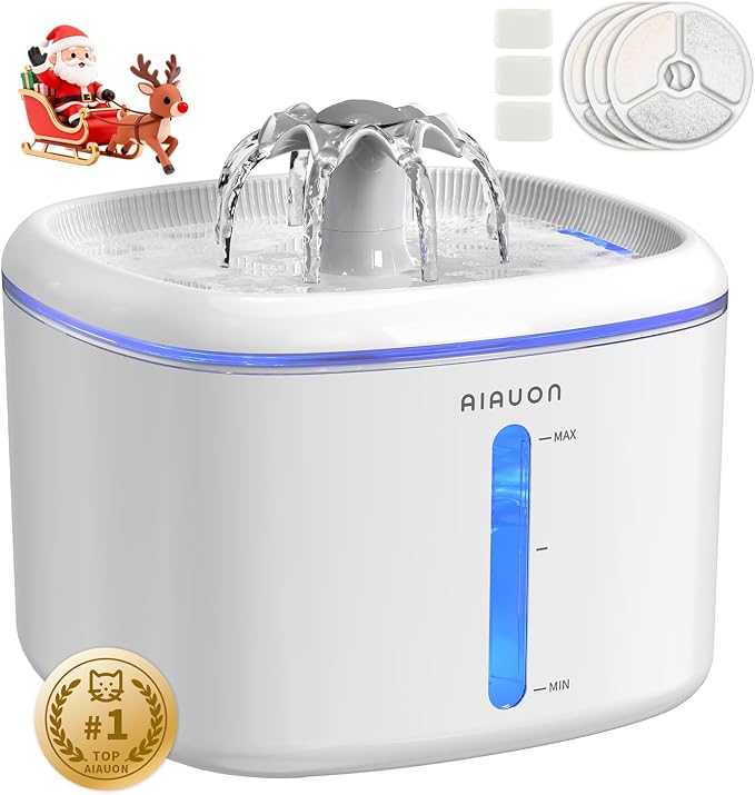 Cat Water Fountain,2.5L/84oz Pet Water Fountain for Cats Inside, Cat Fountain for Drinking with Ultra Quiet Pump(≤20dB)& LED Blue Light - for Pets Small Animals