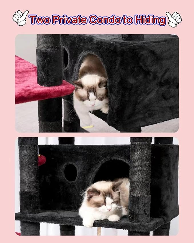 Gitelsnour Cat Tree, 74" Tower for Large Cats, Big Condo Hammock CCT030BR | Heavy duty, 3 Big Platforms, 2 Baskets, 2 Condos, Multi-Level Cat Scratching Posts, Indoor Cats Large Adult, Black and red
