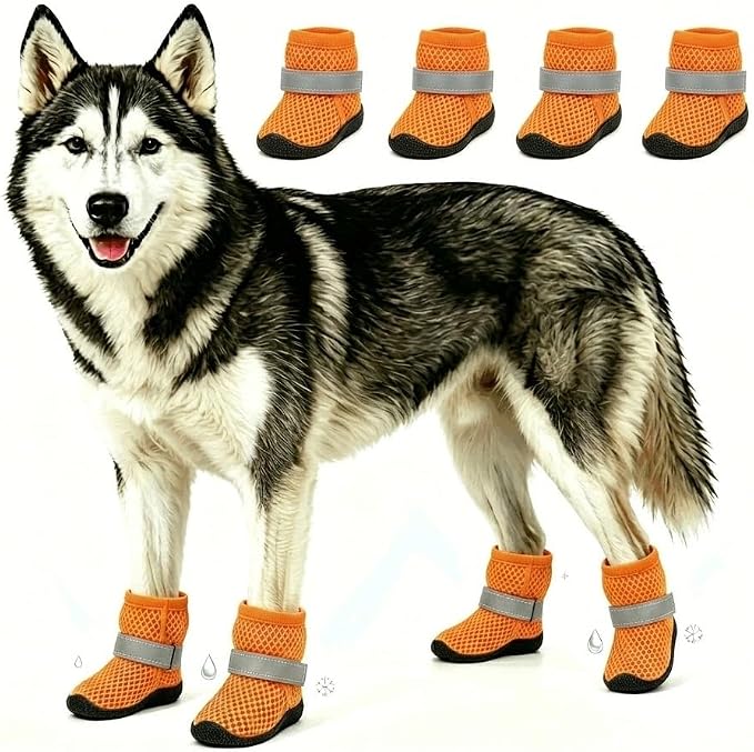 Breathable Mesh Dog Shoes Summer Anti-Scald Paw Protector Boots, Reflective Adjustable Non Slip Pet Footwear for Small Dogs Puppy Cats Hot Pavement Outdoor Walking (Orange Color, S)