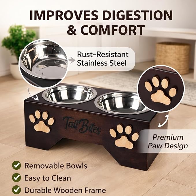 Raised Dog Bowls for Medium Sized Dogs – Wooden Elevated Dog Feeder Stand with 2 Stainless Steel Bowls + Chew Treat (14” x 7” x 6”)