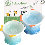 Cute Fish Shape Ceramic Elevated Cat Bowl for Food, 2-Pack | Shallow and Tilted Design, Whisker-friendly, Anti-vomiting, Non-slip base, Ideal for Wet Food, Kittens & Treats, Green & Blue