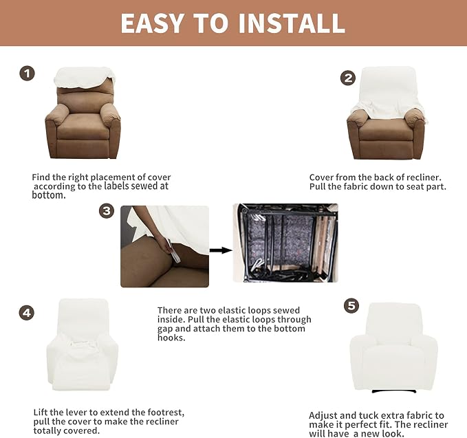 Easy-Going 100% Waterproof Recliner Chair Cover，1-Piece Recliner Slipcover | Dual Waterproof Couch Cover for Recliner，Leakproof Furniture Protector for Kids Pets Dog Cat Daily Stain, Cream