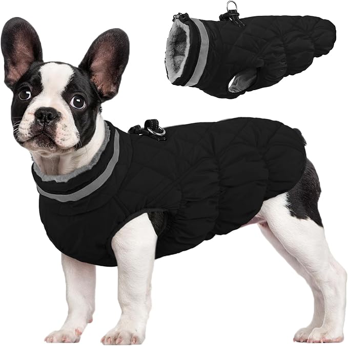 FUAMEY Dog Winter Coat Fleece Warm Small Dog Coat with Harness Built in | Dogs Cold Weather Fleece Coats Zip up Reflective Dog Winter Vest Windproof Water Resistant Snow Coats Solid Black S