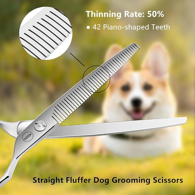HASHIMOTO Straight Fluffer Scissors for Dog Grooming, 42 Teeth, 7.0 inch. | 50% Thinning Rate, Light Weight, Remove Bulk Quickly While Leaving a Natural Finish for Groomers. 440C Stainless Steel