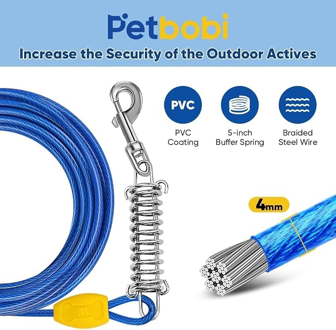 Petbobi Dog Tie-Out Cable and Stake - 40ft Heavy Duty Cable with Spring, No Tangle, 16in Ground Stake, Ideal for Yard, Camping and Beach, Suitable for Medium to Large Dogs Up to 120 lbs, Blue | 4in Shock Spring, 16in Spiral Ground Anchor, 360° No-Tangl...
