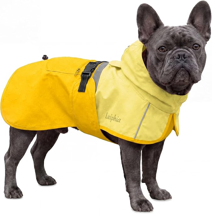 Luciphia Dog Raincoat, Adjustable Hooded Reflective Jacket with Pocket | Yellow medium dog rain jacket with leash hole, buckle-on, non-stick fur. For daily walks.