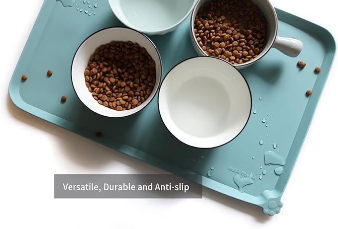 Hoki Found L Silicone Non Slip Pet Food Tray - Dog Cat Bowl Mats - Waterproof Dog Cat Food Mats for Carpet - Light Turquoise