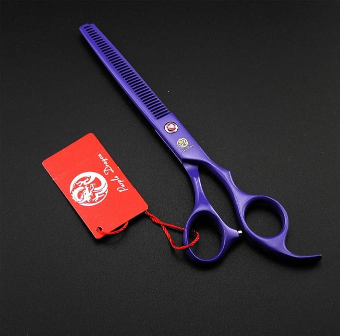 Purple Dragon 7.0 inch Dog Grooming Scissors Set with Silencer - Violet | 4PCS Pet Grooming Shears Kit with Straight, Curved, Thinning Blade, Comfortable Grip, Japanese 440C Steel, Gift for Groomers