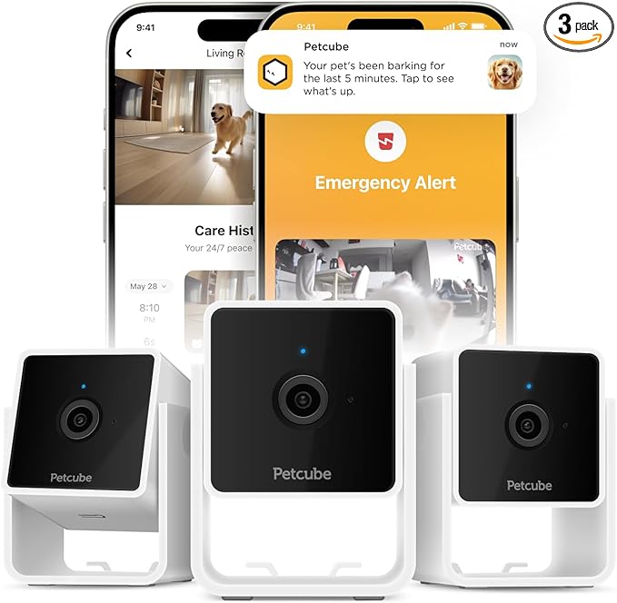 Petcube Cam (3-Pack) – Indoor Wi-Fi Home Security Camera with App | 1080p HD, two-way audio, motion detection, night vision, baby & pet monitor. Includes 3 cameras