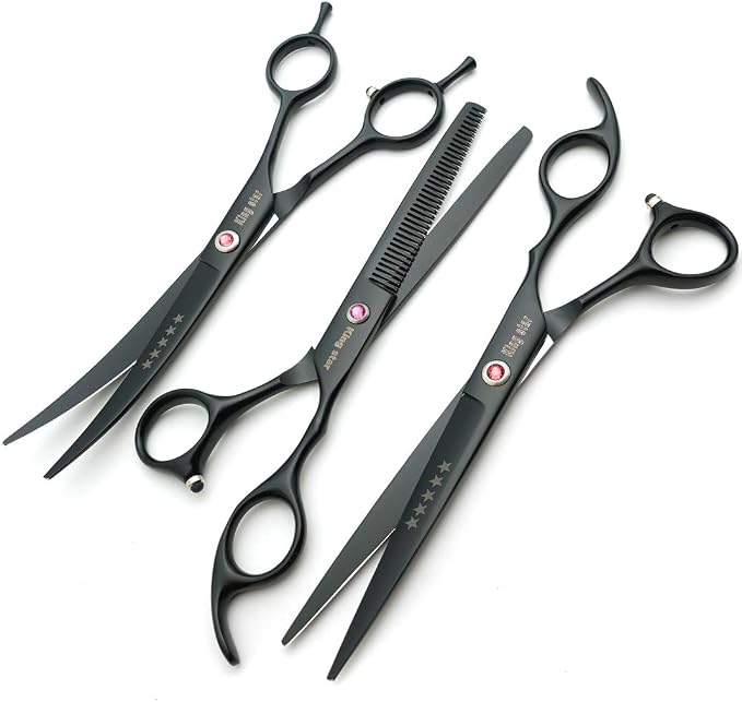 Kingstar 7.0in. Matt Black Professional Pet Grooming Scissors Set,Straight & Thinning & Curved Scissors Set with Comb case A389