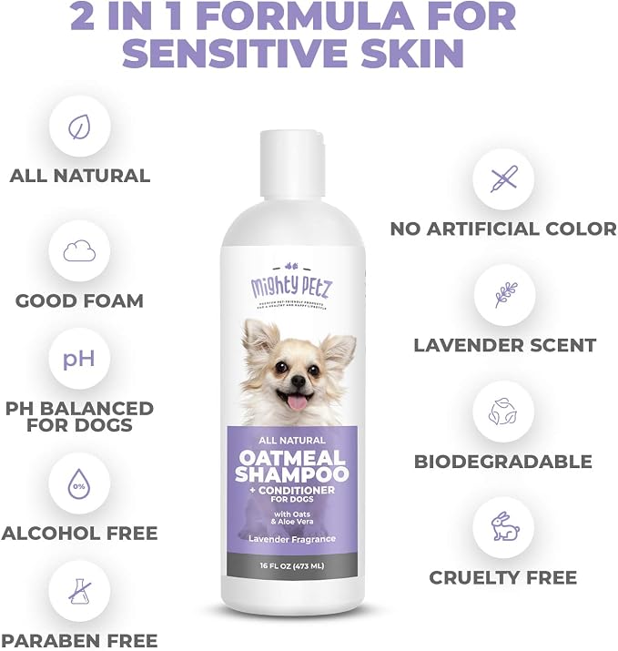 Mighty Petz 2-in-1 Oatmeal Dog Shampoo and Conditioner – 16 oz Natural Support for Allergies, Itchy Sensitive Skin. Moisturizing & pH Balanced for Dogs with Oatmeal and Aloe Vera