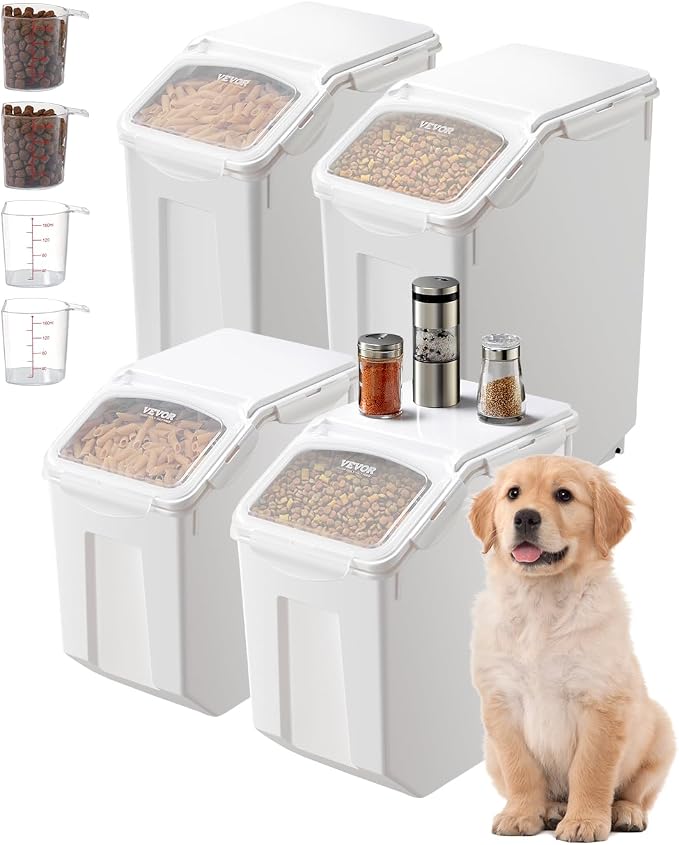VEVOR Rice Storage Container, 3.5Gal/15Lx2 + 4.5Gal/20Lx2 Large Dog Food Dispenser Bin, Kitchen Ingredient Grain Cereal Bin, Pet food Containers with Wheels, 4 Measuring Cups, Airtight Lid, 4 Pack