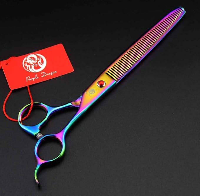 Purple Dragon 8 in Dog Grooming Scissors Set with Anti-Shock Bag - Rainbow | Japanese 440C Steel Pet Grooming Shears, Comfortable Grip, Includes Curved, Straight & Thinning Scissors with Silencer