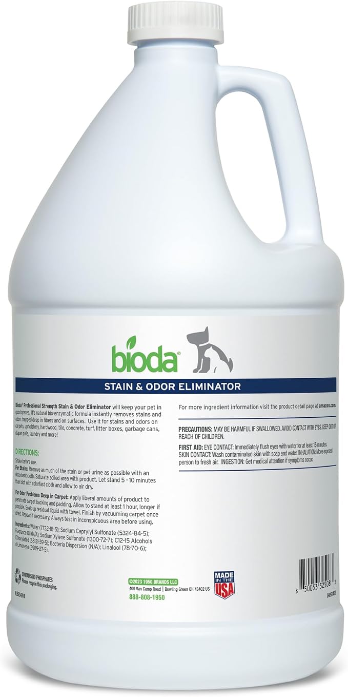 Bioda Commercial Strength Enzymatic Stain & Odor Eliminator for Pets, 1 gal | Pet Urine Enzyme Cleaner | Stain Remover | Urine Odor Eliminator | Carpet & Couch Cleaner | Made in USA | 1 Gallon