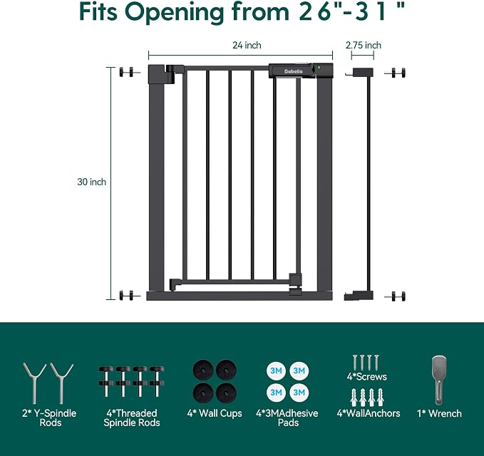 Babelio Baby Gate for Doorways and Stairs, 26-31" Pet Gate with Wide Door | Pressure/Wall Mount; Triple-lock System; Auto-close; 200N Impact Tested; Easy Install for Doorways, Kitchen, Hallway, Black