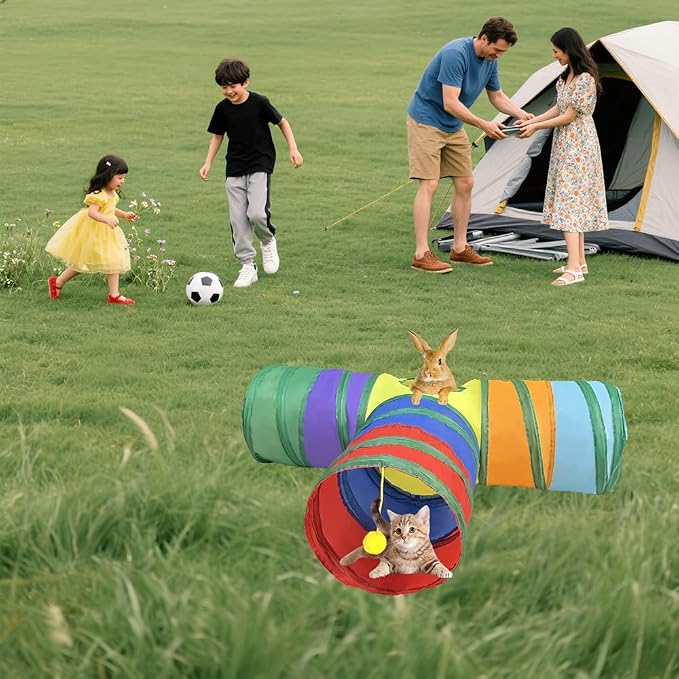 3-Way Collapsible Cat Tunnel Tube Toy Rainbow T-Shape | Interactive Play Tunnel with Hanging Ball & Peek Hole for Indoor Cats, Kittens, Puppies & Rabbits | Hours of Fun & Exercise