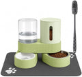 Gravity Cat Feeder 2 Pack Automatic Food Feeder Stainless Steel Water Dispenser Set 360° Rotatable Pet Bowls with Silicone Mat and Brush for Cats Small Medium Dogs, Large Capacity(Green)