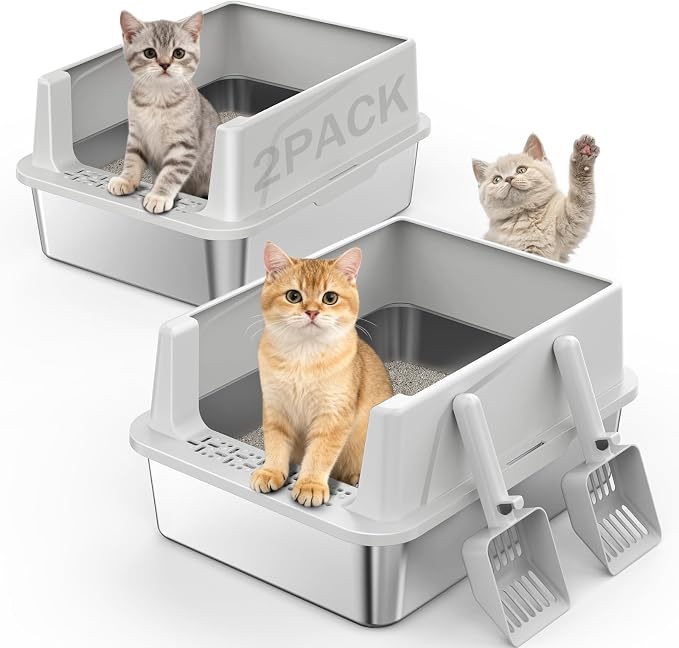 2PACK Stainless Steel Cat Litter Box with Lid, High-Sided Metal Litter Pan for Small Cats, Kitty Litter Box, Non-Stick & Odor-Resistant, Anti-Urine Leakage, Easy to Clean, Scoop Included