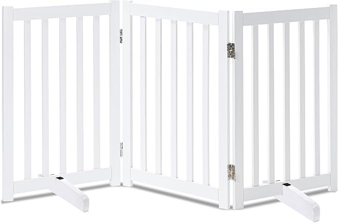 LZRS Freestanding Dog Gate 60" W x 30" H Solid Wooden Pet Gate for Doorways, Stairs & Hallways, Expandable & Foldable with Support Feet，Indoor Use,White
