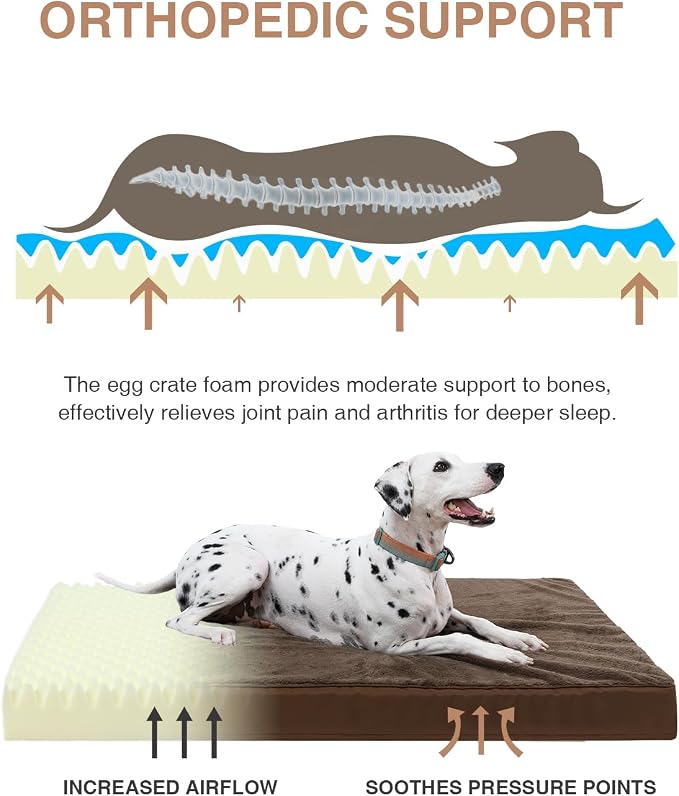 KSIIA Orthopedic Dog Bed for Large Dogs with Waterproof Lining, Brown,35x22 | Deluxe Soft Plush Dog Crate Bed, Washable Pet Mat with Removable Cover & Egg Crate Foam for Large Dogs Sleeping & Relaxing