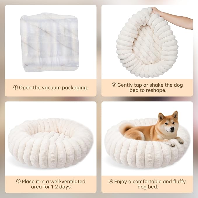 Donut Dog and Cat Bed, Luxurious Comfortable Faux Rabbit Fur Pet Beds, Soft Anti-Anxiety Calming Puppy Kitten Bed with Anti-Slip Bottom for Small Medium Dogs & Cats(23", White)
