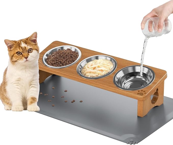 Elevated Cat Bowls with 3 Stainless Steel Bowls | 15° Tilted Anti-Vomiting Raised Cat Food Bowl with Solid Wood Stand and Silicone Pad for Cats and Small Pets Bowl(Warm Chestnut)