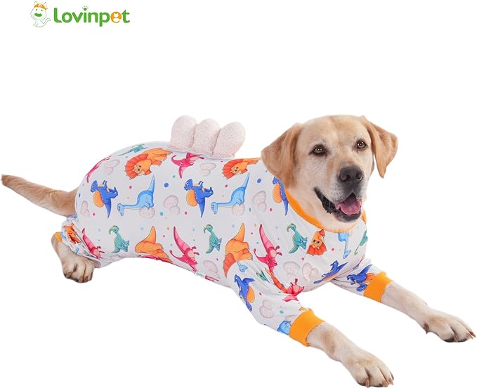 LovinPet Large Dog Pajamas, Four-Leg Stretch Onesie Bodysuit, Lightweight UV-Shielding Pajamas, Anti-Lick Calming Recovery Suit for Surgery, 3D Dino Egg Spikes, Easy on/Off， White， 3XL