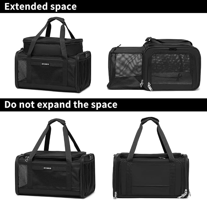 Airline Approved Pet Carrier for Cats and Small Dogs up to 15 lbs, Breathable Mesh, Portable Travel Bag for Bearded Dragon, Puppies Animal Hangbag, Rabbit Cage (Black, Expandable)