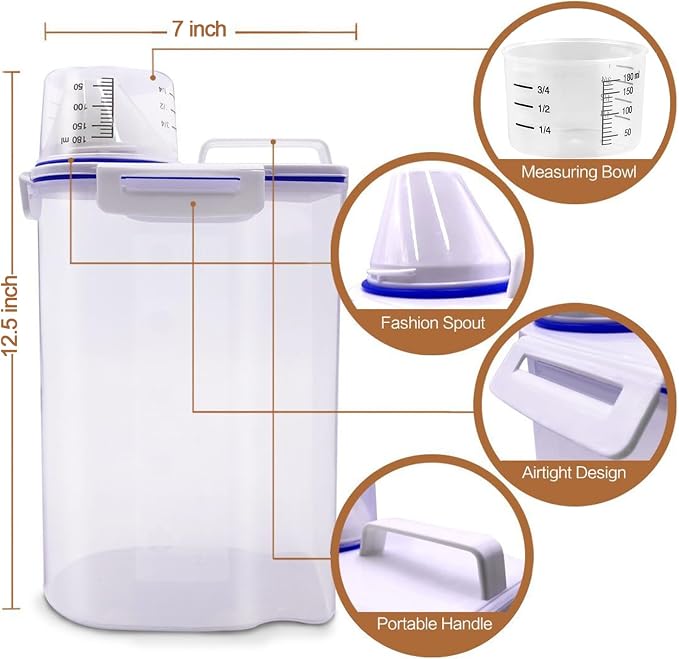 TIOVERY Dog Food Storage Container Small, Cat Food Storage Container Airtight Plastic Dispenser with Graduated Measuring Cup, Pourable Spout and Portable Collapsible Dog Bowl for Pet Food, Birds Seed