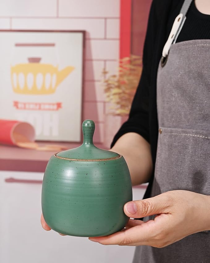 Kitchen Canisters Ceramic Storage Jar with Silicone Airtight Lid Green | Retro Style High Quality Ceramic Food Storage Jar Roud Shape for Tea, Coffee, Nuts, Herb, Spice, Sugar