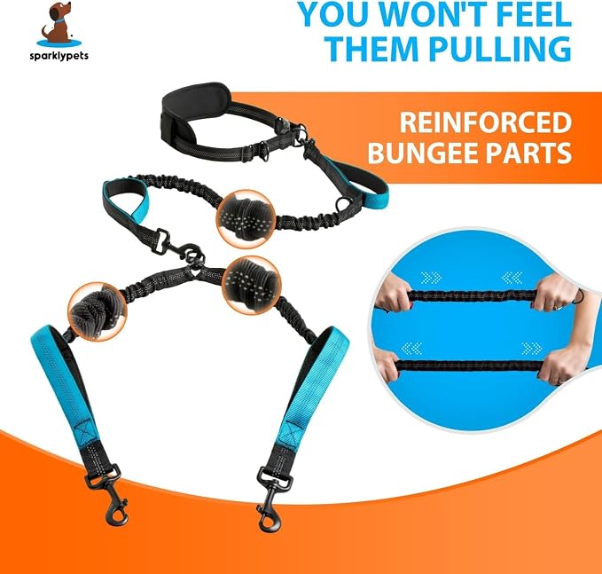 SparklyPets - Hands Free Dual Dog Leash for Medium and Large Male Dogs - Padded Handles, Reflective Stitches, No Pull, Tangle Free - Walking, Hiking, Jogging, Canicross Waist Leash - Gradient Blue