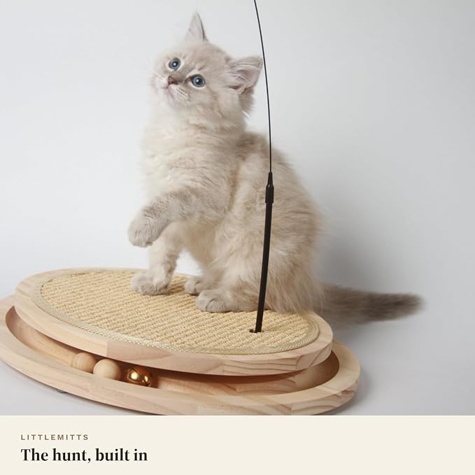 Instinct Wood Play System Cat Scratcher, Oval Wooden Scratching Pad with 3 Ball Track, Long Feather Wand, Catnip and No-Tool Setup, 15 x 13 Inch