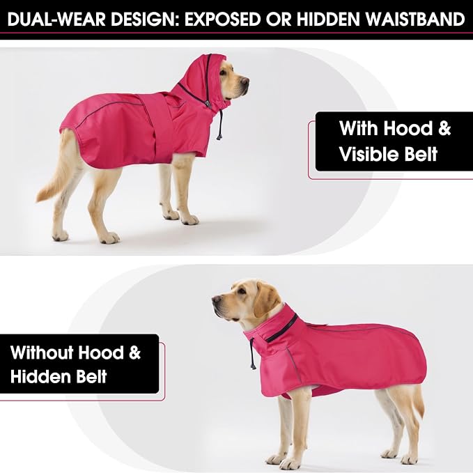 Dog Raincoat, Waterproof Dog Rain Jacket with Hood, Pink 4XL | Rain Coat For Gaint Dogs, Doggy Poncho With Leash Hole, Reflective Strips, For Rainy Snowy Weather Walks, Hiking, Camping