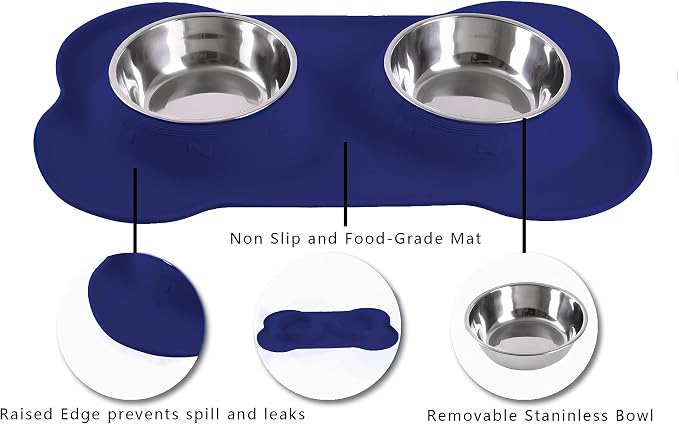 Hubulk Pet Dog Bowls 2 Stainless Steel Dog Bowl with No Spill Non-Skid Silicone Mat + Pet Food Scoop Water and Food Feeder Bowls for Feeding Small Medium Large Dogs Cats Puppies (Small, Navy Blue)