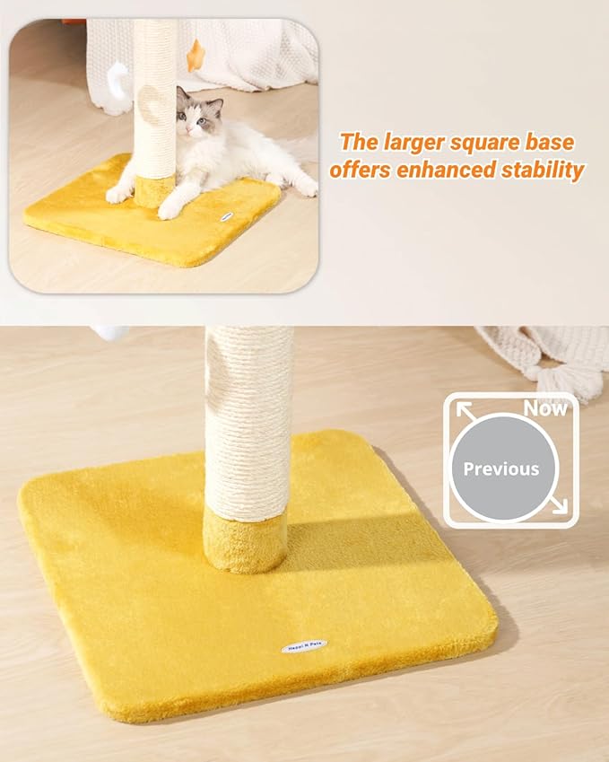 Happi N Pets Tall Cat Scratching Post with Large Bed, Thick Posts with Toys | 28" Tall For Large Cats, Easy To Clean, Cloud-Shaped Soft Perch, Removeable Cover, Stable Cat Stand, Bonus Catnip