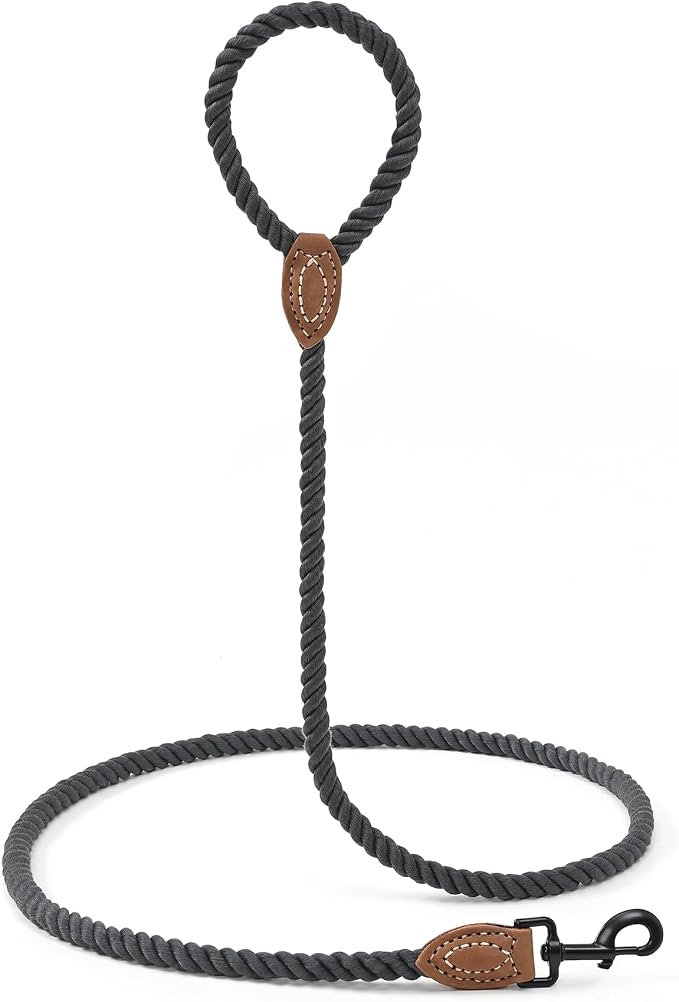 Mile High Life Dog Leash Braided Cotton Rope with Leather-Reinforced Ends | Rust-proof 360° swivel clasp, Heavy-duty for medium/large dogs. Great for weddings, daily walks (6 FT, 1/2", Dark Gray)