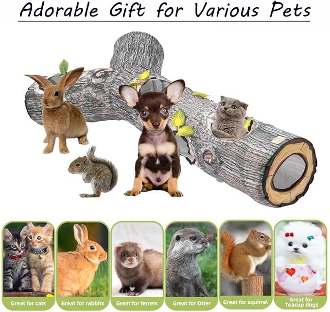 Cat Tunnels for Indoor Cats - Interactive Tree Trunk Cat Activity Play Tunnels with Peek Holes, Collapsible Pet Tube Puzzle Hunt Chase Training Center Toys for Kitten, Ferret, Small Animals