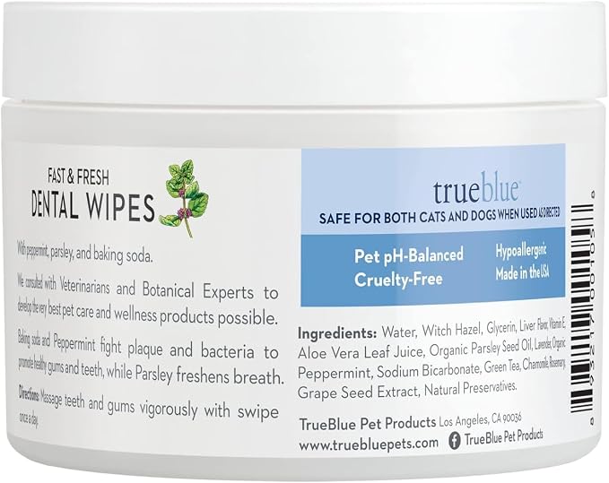 TrueBlue Parsley & Peppermint Fast and Fresh Dog Dental Wipes – Pre-Moistened Teeth Cleaning Pads - Non-Toxic, All-Natural Tooth Cleansing– 50 Count