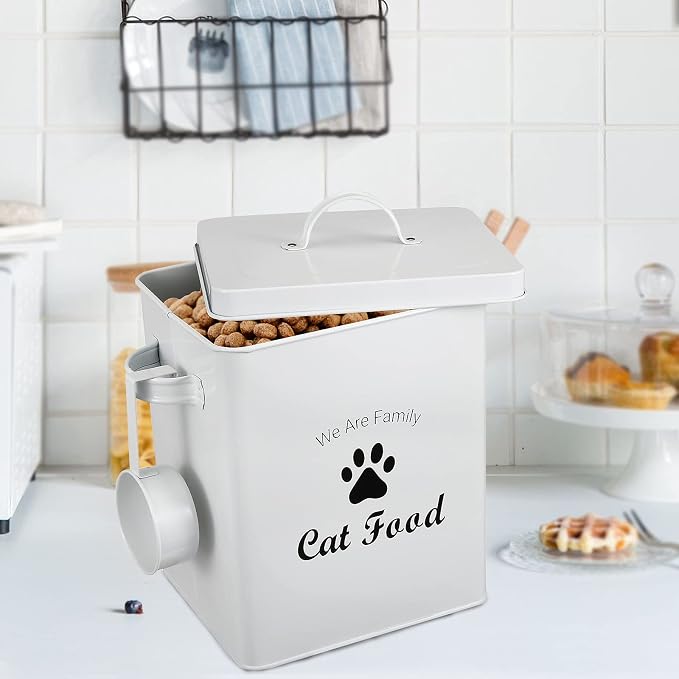 Pet Treat and Food Storage Tin with Lid - 5lbs Capacity - Serving Scoop Included … -CAT