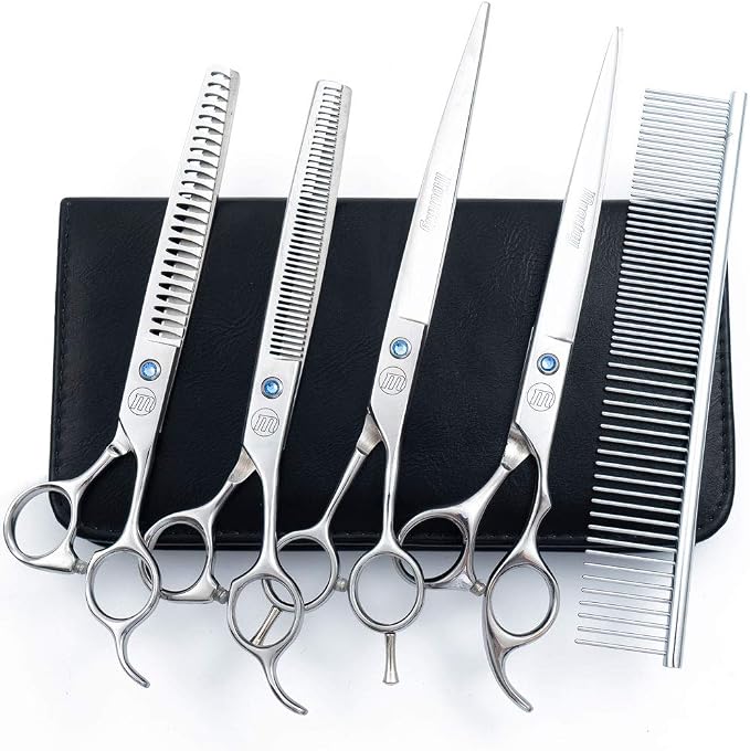Moontay 8" Professional Dog Grooming Scissors Set of 5 with Pet Comb & Bag | Pet Grooming Chunkers Shears for Dog, Curved Dog Grooming Scissors, Thinning Shears for Dog with Grooming Comb, Silver